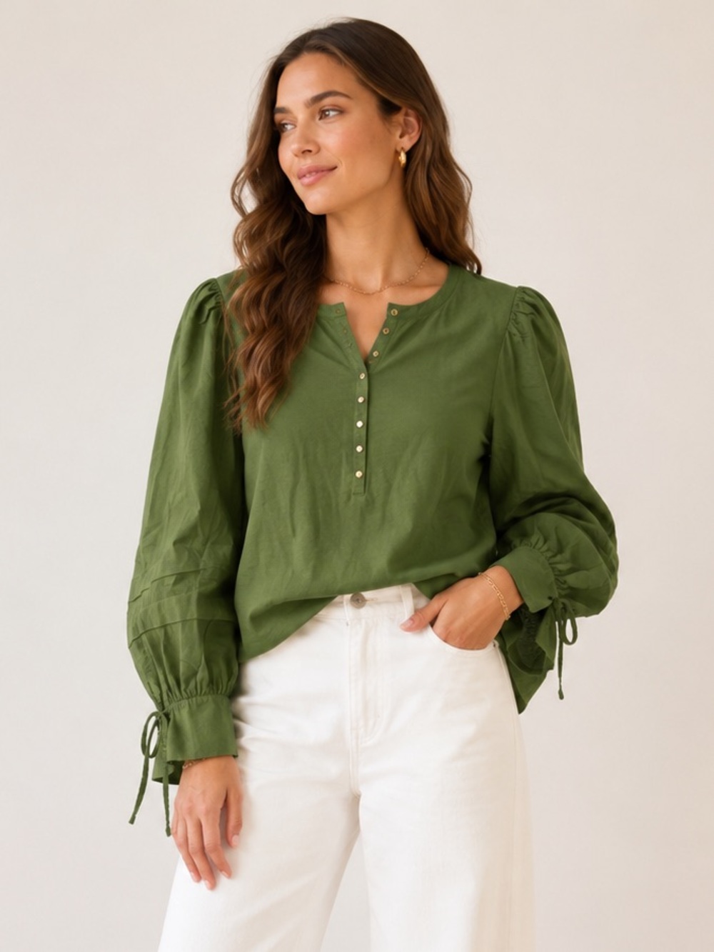 Nation LTD Linen Green Puff Sleeve Blouse XL Balloon Sleeve Henley Top